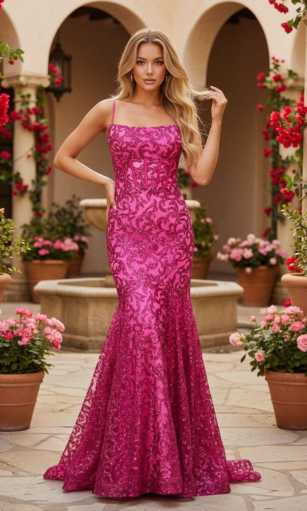 A woman stands outdoors by potted flowers, wearing the Blondie Nites 6035BN long prom dress in hot pink with thin straps, a corset bodice, and intricate sequin detailing.